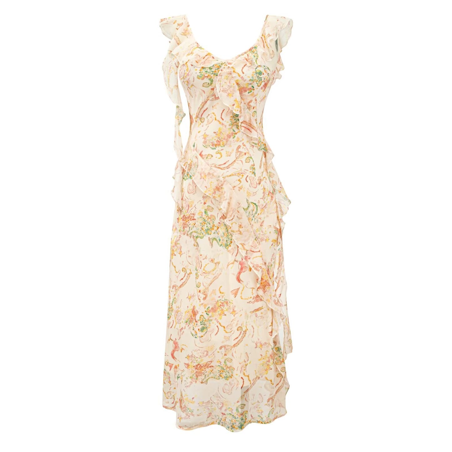 French Sweet V neck Flounce Sleeveless Dress Summer Seaside Vacation Cinched Slimming Maxi Dress