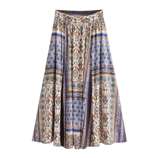 Women Clothing Summer Rayon Positioning Printing Elastic Waist Bohemian Big Hem Skirt