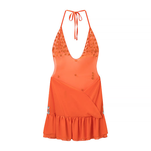 Women Clothing Summer Holiday Fastener Decoration Design V neck Backless Dress