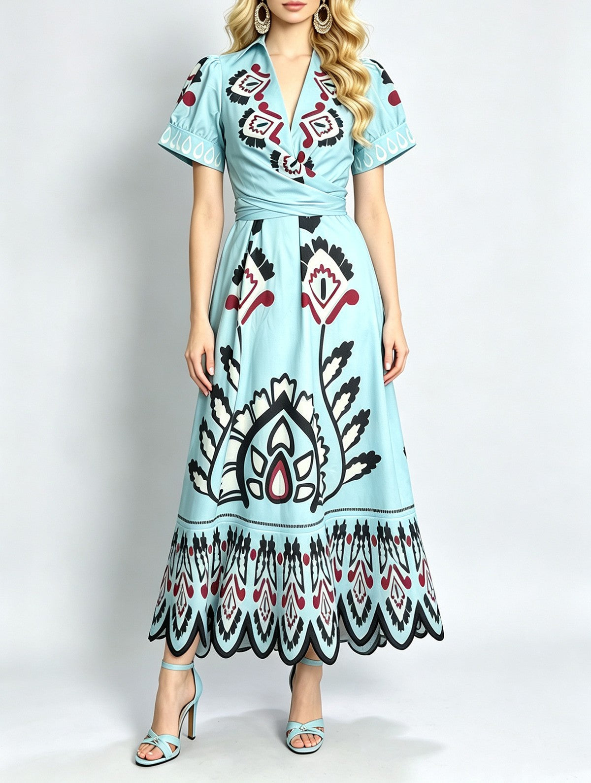 Women Summer Printed V Neck Short Sleeved Fitted High Waisted A Line Dress
