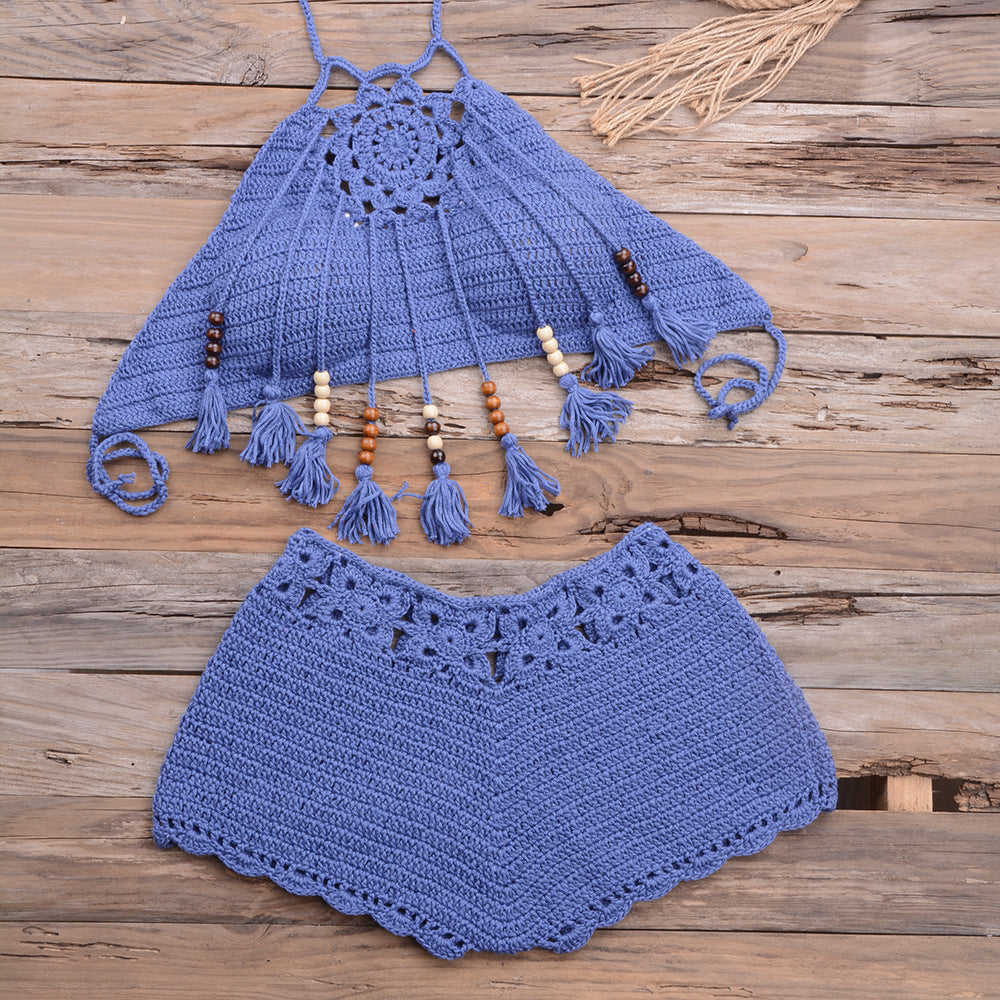 Hand-Wrapped Chest Bohemian Tassel Hollow Out Cutout Bikini Matching Hollow Out Cutout Stretch Shorts