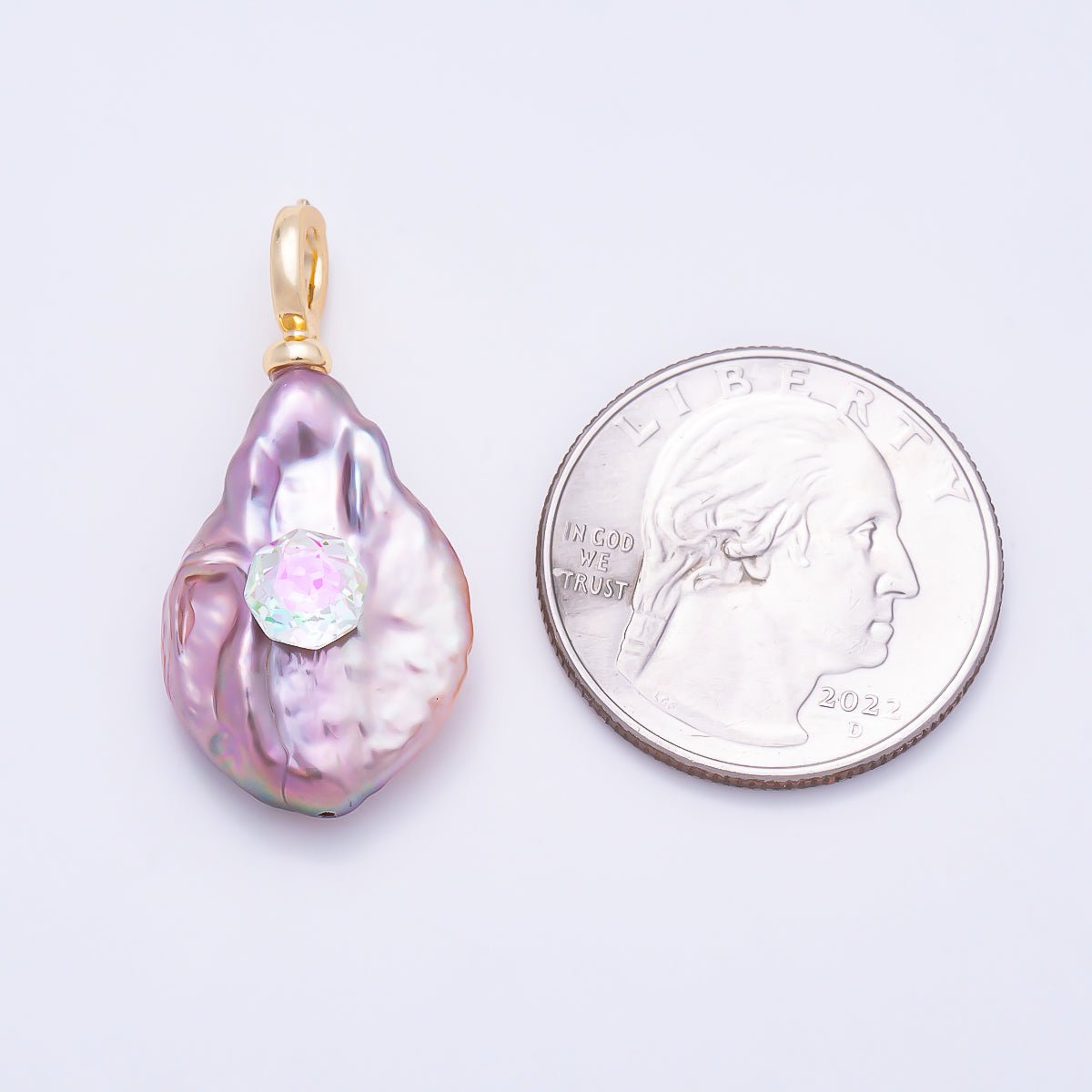 18K Gold Filled 30mm Iridescent CZ Purple Baroque Freshwater Pearl Pendant | Charms-01570