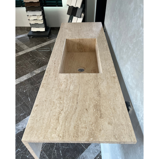 Travertine Beige Handcrafted Custom Bathroom Vanity Sink - Vein-Cut Natural Stone