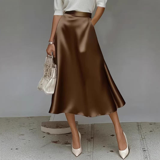 Women's Satin Solid Color Mid-Length Skirt – Slight Stretch