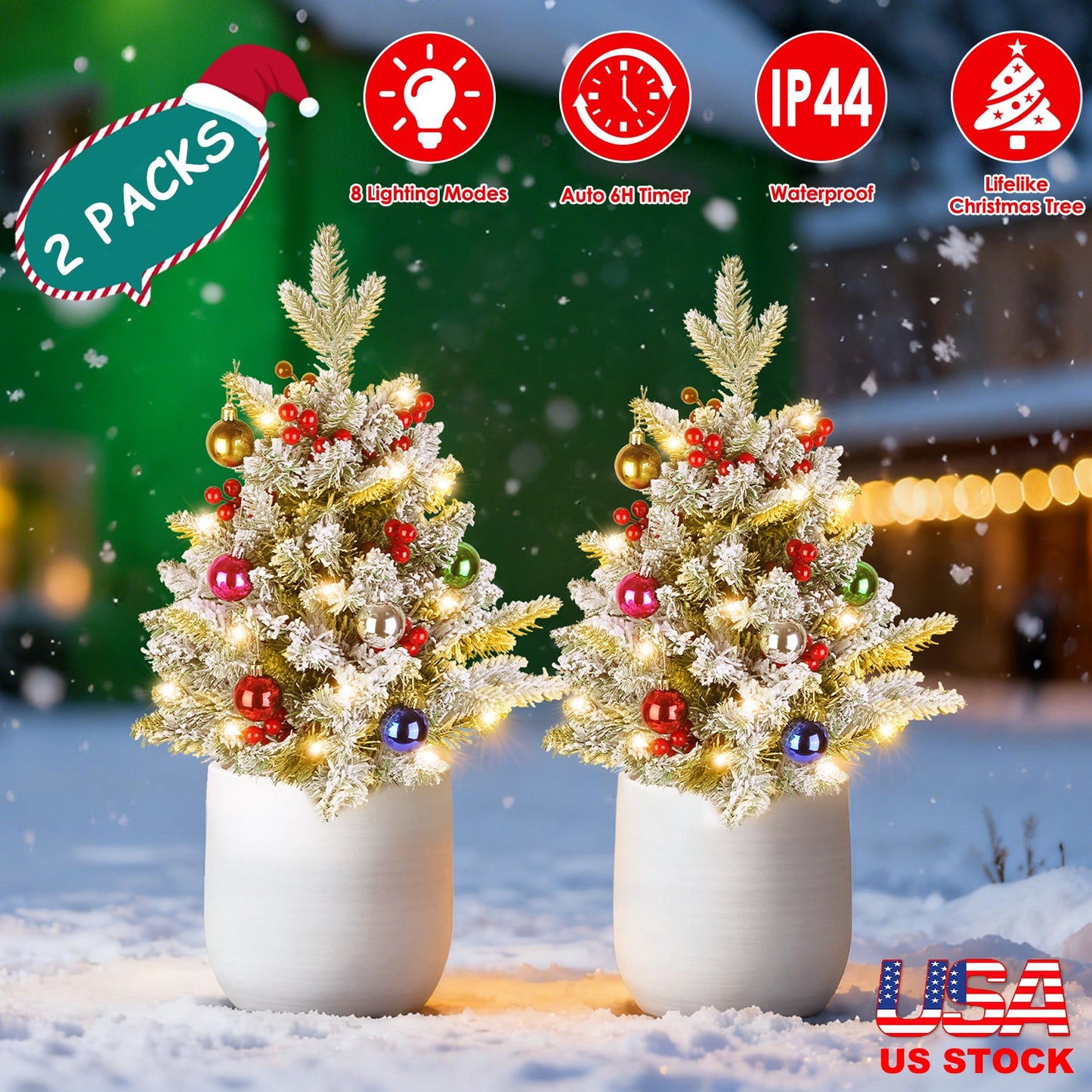 2Pcs Battery Powered Lighted Christmas Tree Urn Filler With Light Artificial Xmas Trees Light with Berries Balls LED Pathway Pine Tree IP44 Waterproof