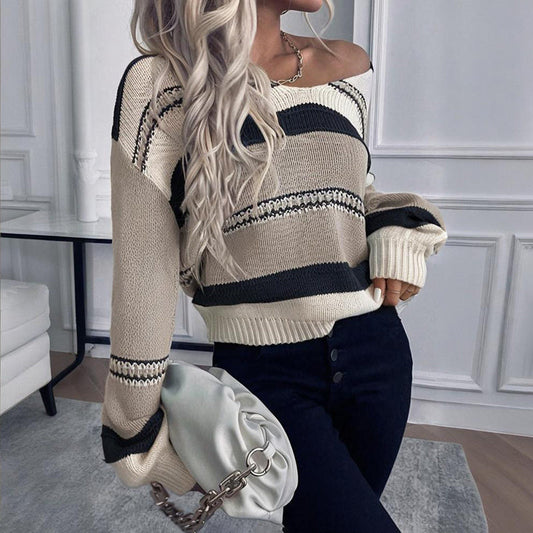 Women's French Vintage Striped Sweater | V-Neck Long Sleeve Stretch Knit