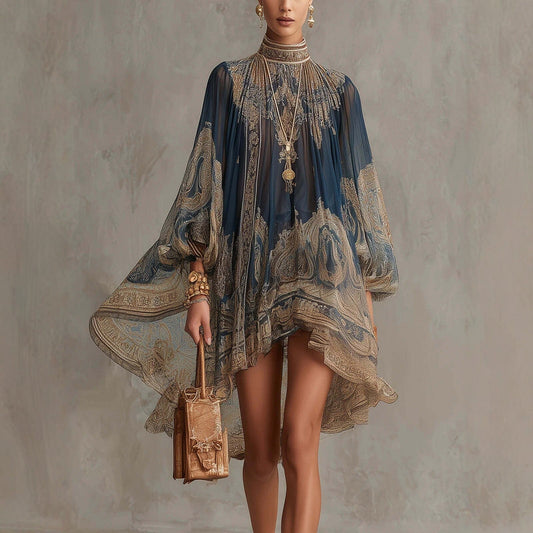 Navy Blue Printed Puff Sleeve Stand Collar Dress – Loose Boho Asymmetric Hem Dress for Women