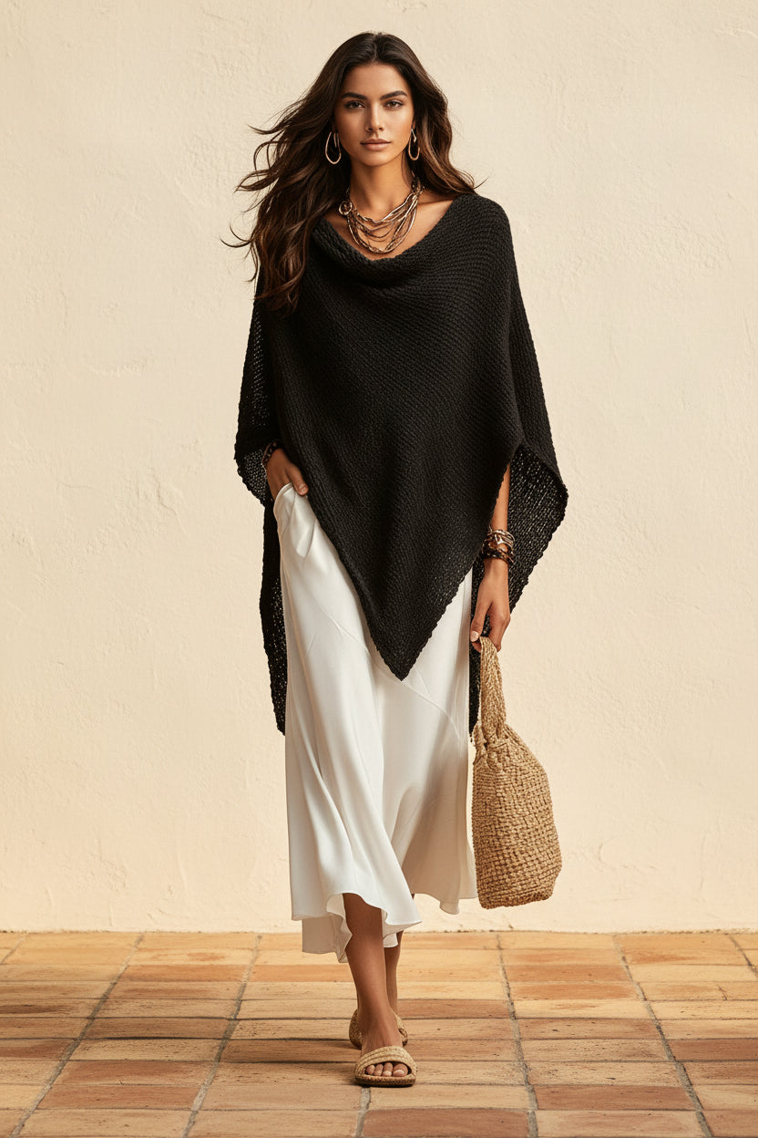 Women's Open-Knit Asymmetric Cape & Ruched V-Neck Fluid Maxi Dress Set
