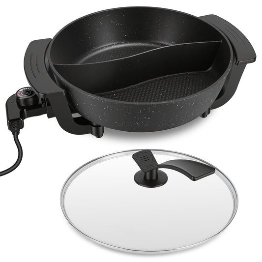 6L Electric Hot Pot with Divider 1100W Dual-Flavor Pot Shabu Shabu Pot Non-Stick with 5-Temp Control for Shabu Shabu Fondue Perfect for Family Gatheri