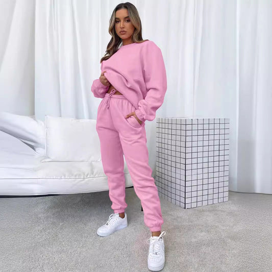 π Women's Solid Color Round Neck Pullover Sweatshirt & Pants Set