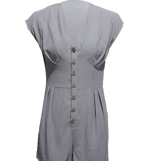 Women’s Short Button Front Jumpsuit – V-Neck Patchwork Romper