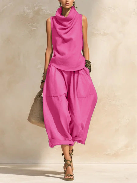 Women's Draped Cowl-Neck Sleeveless Top & Voluminous Balloon Lantern Trouser Set