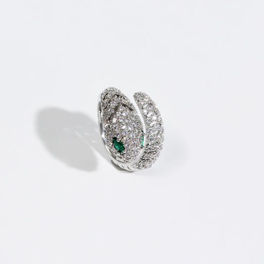 Snake-Shaped Adjustable Open Ring with Zircon Inlay