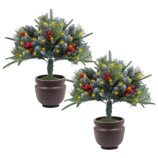 2Pcs Christmas Tree Urn Filler With Light Artificial Lighted Xmas Trees Light with Cones Berries Holiday Planter Filler LED Pathway Pine Tree IP44 Wat