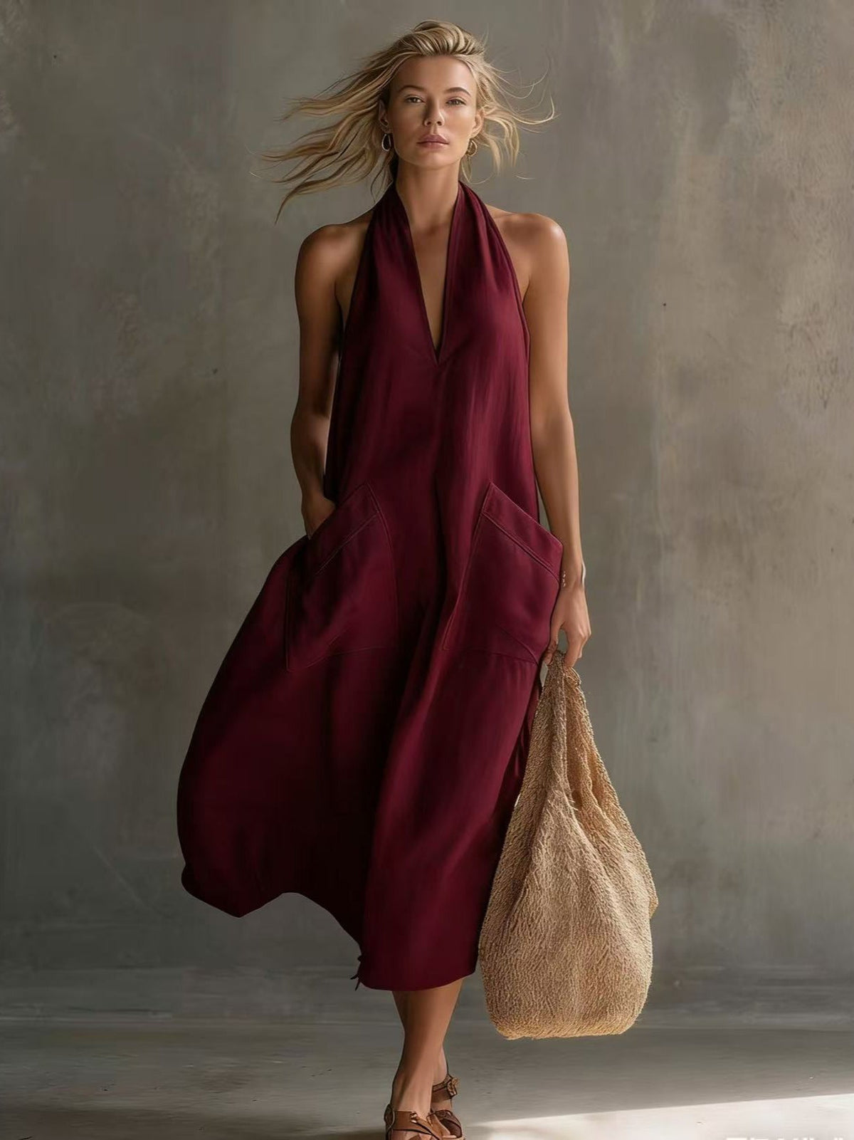 Women's Retro V-Neck Slip Dress – Loose Fit Sleeveless
