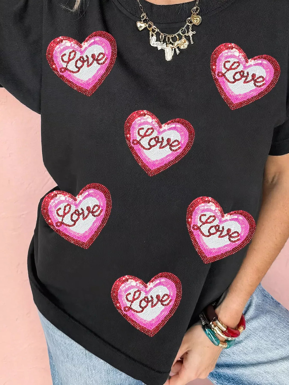 Sequin Love Heart Patched Crew Neck Casual Tee