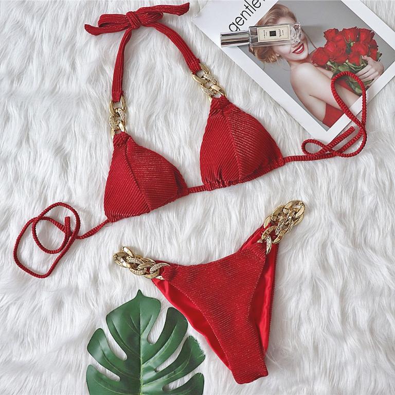 Halter Retro Bikinis Triangle Swimsuit Women Diamond Chain Bathing Suits Conjunto Biquinis Feminino Trajes De BañO Mujer