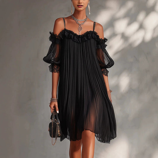 Women's Sexy Sheer Lace Spliced Strap Backless Irregular Mini Dress – Black