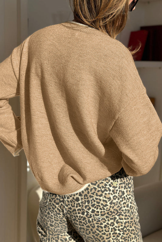 Tan Leopard Print Bow Decor Split Cuff Sweater - Femstylo