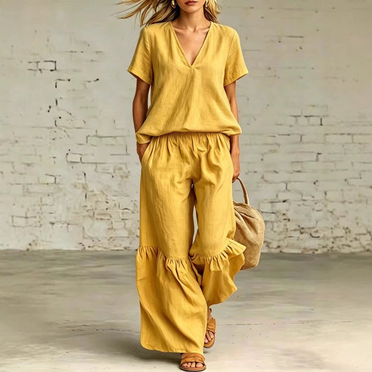 V-Neck Loose Short-Sleeve Top & Pants Set – 7 Colors, S–5XL