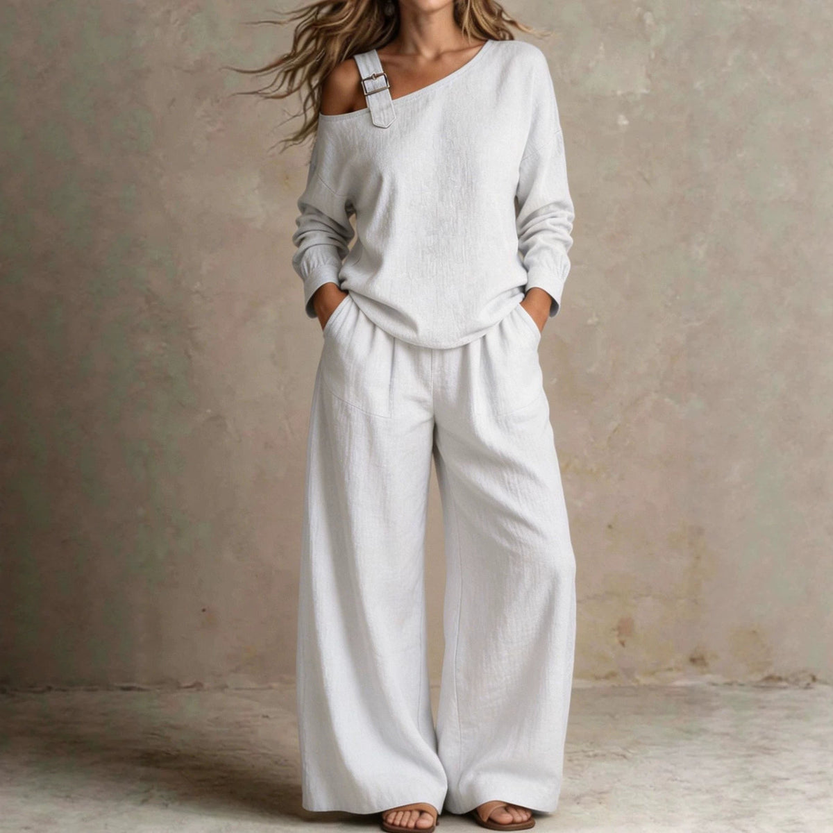 Women's One-Shoulder Buckle-Strap Long-Sleeve Linen Blend Top & Wide-Leg Palazzo Trouser Set
