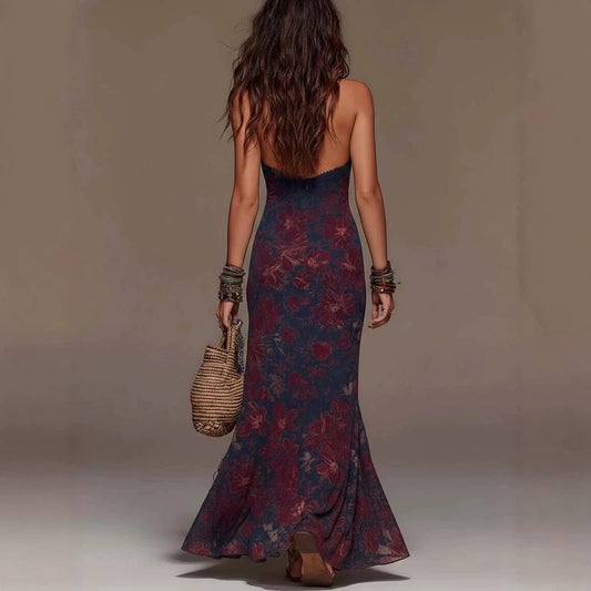 Women's Floral Print Halter Neck Deep V Lace Trim Mermaid Maxi Dress