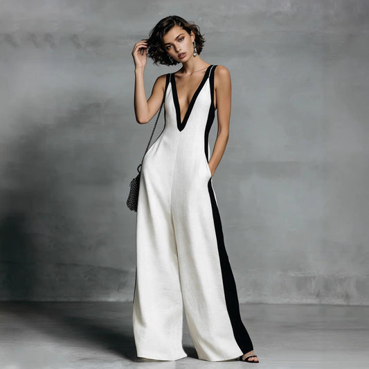 Women's Color-Block Sleeveless V-Neck Wide-Leg Jumpsuit – French Style Long Pants