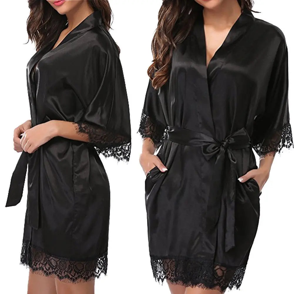 Women Ice Silk Pajamas Robes Sleepwear Nightgowns Nightdress Red Black L XL Lace Smooth Soft Comfortable Casual Pure Color