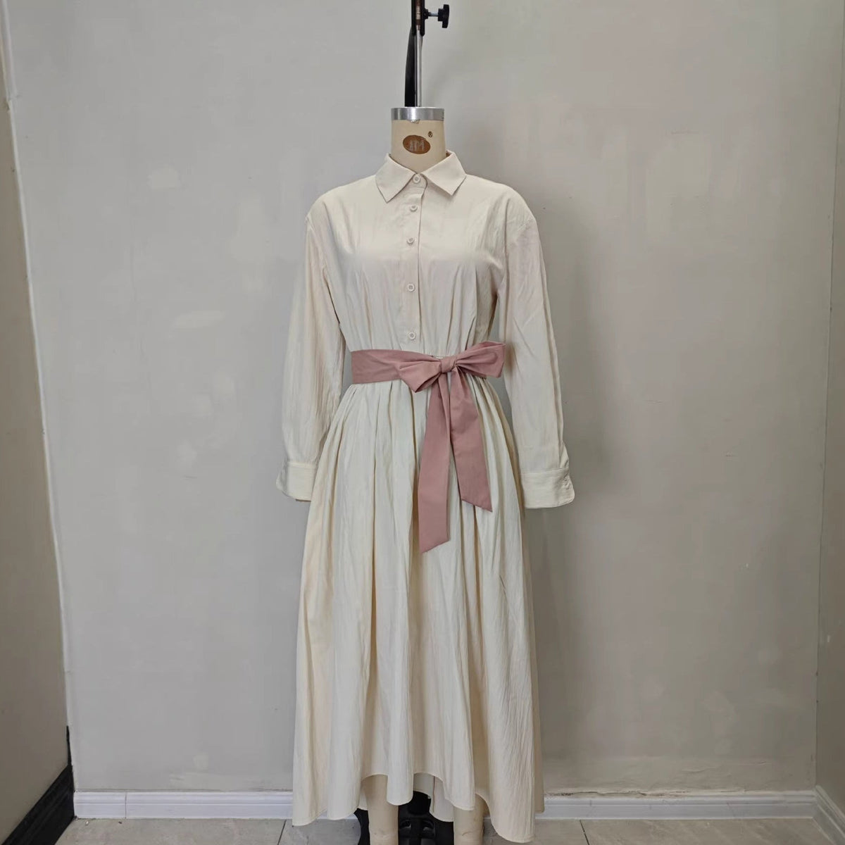 Long Sleeve Polo Collar High Waist Maxi Dress for Women – Solid Color Button Dress