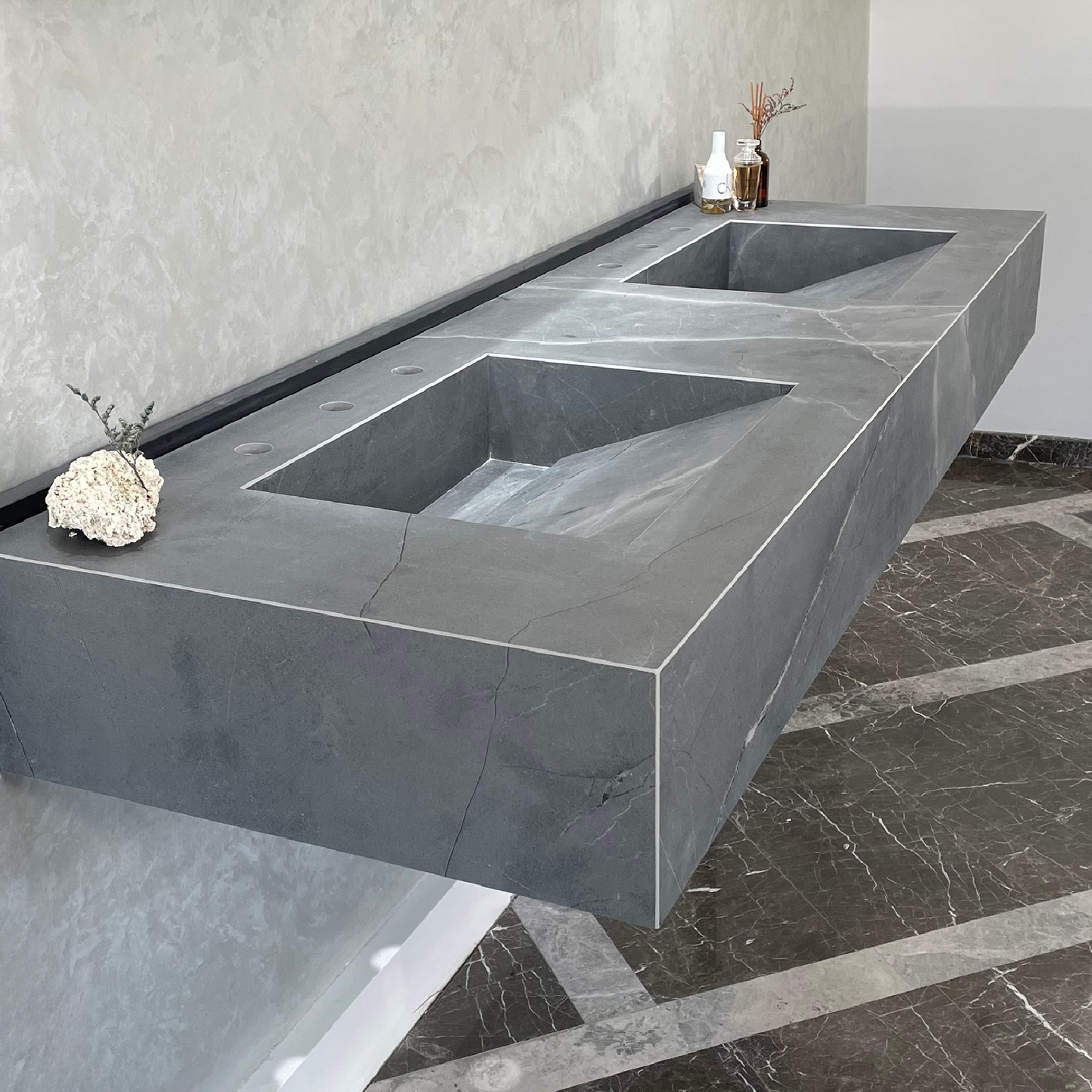Armani Grey Engineered Porcelain Double Sink Handcrafted with Modern Marble Aesthetics