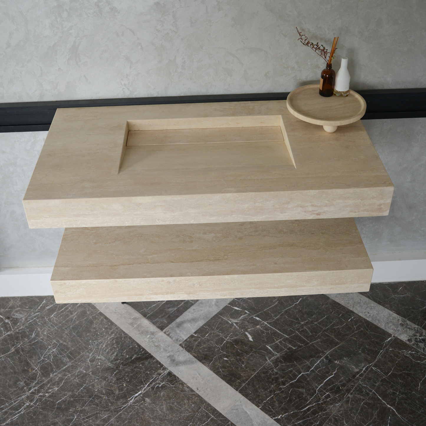 Travertine Natural Stone Handcrafted Bathroom Sink and Matching Floating Shelf Set