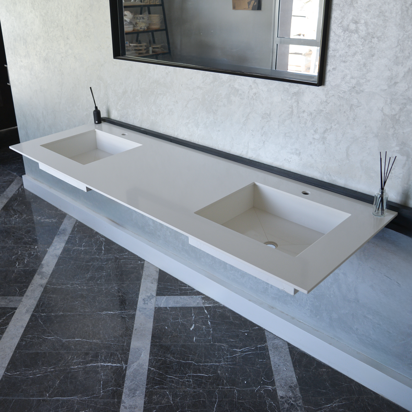 White Quartz Double Sink - Handcrafted Engineered Custom Design