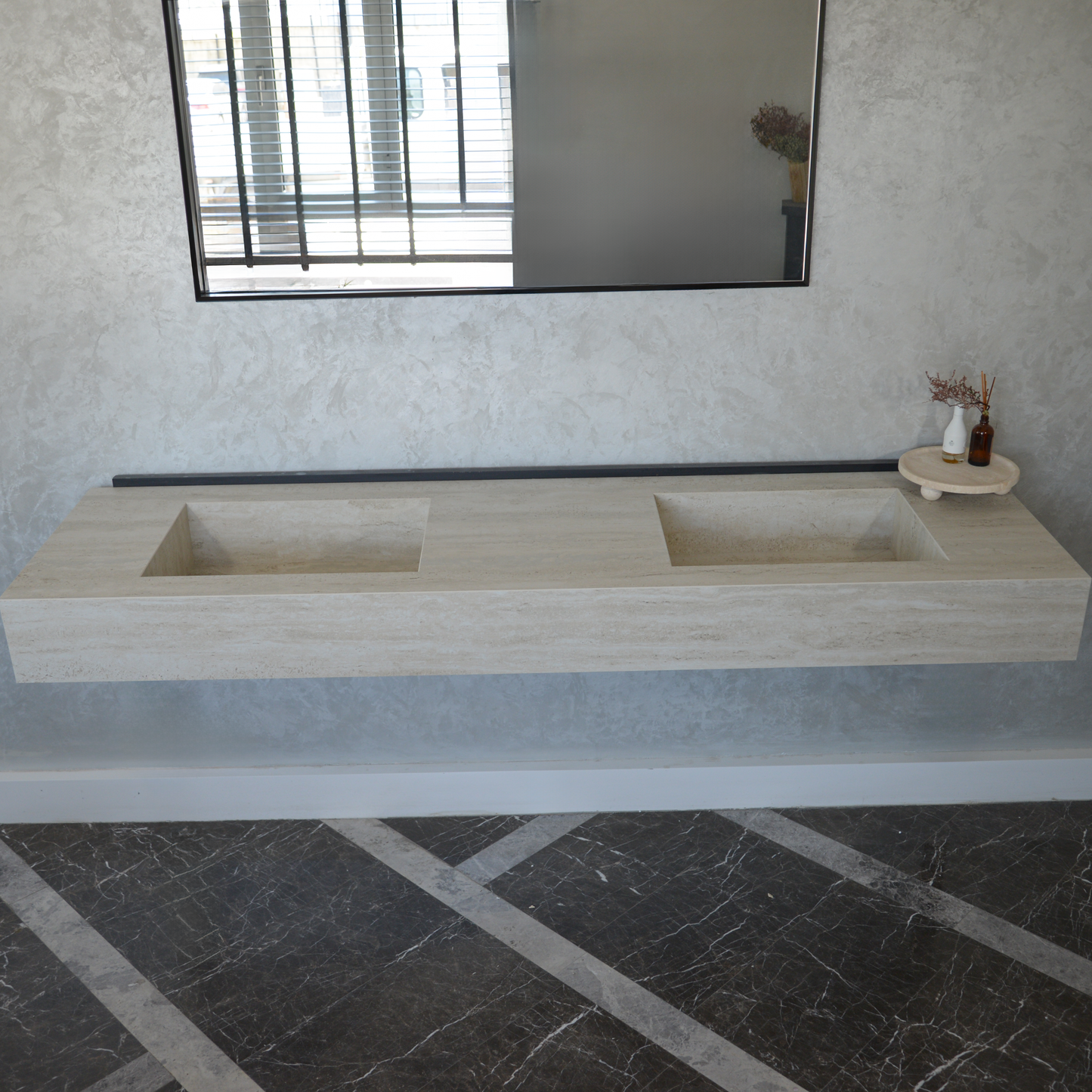 Engineered Porcelain Double Sink - Travertino Chiaro Handcrafted