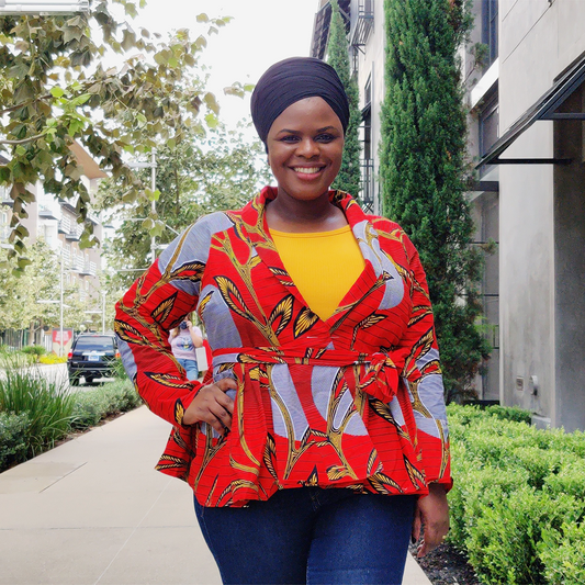 African Print Long Sleeved Peplum Red Blouse