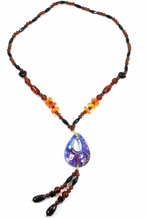 Gypsy Oval Pendant Shimmer Necklace With Glass Beads