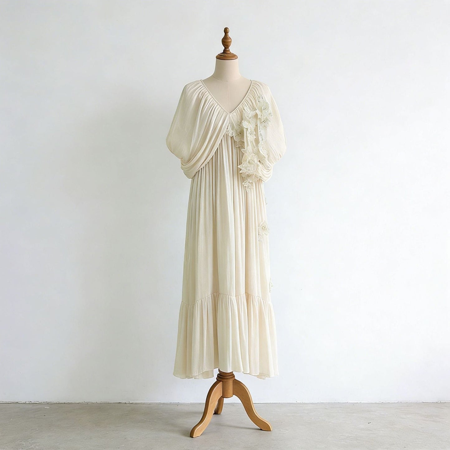 Romantic Vacation Maxi Dress Spring V neck Drop Shoulder Batwing Sleeve Stitching Three Dimensional Floral Dress