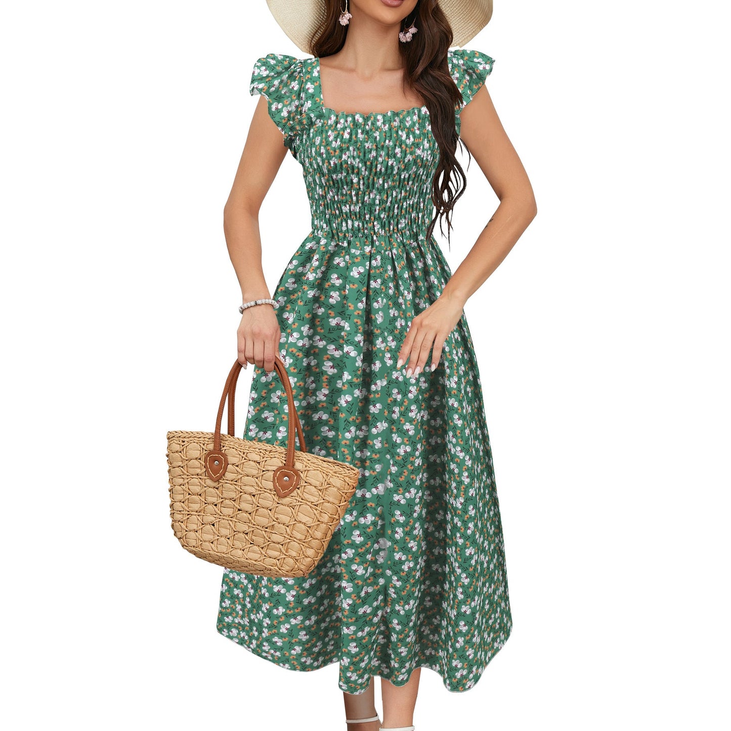 Summer Flying Sleeves Printed Dress Casual Waist Tight Square Collar A Swing Dress