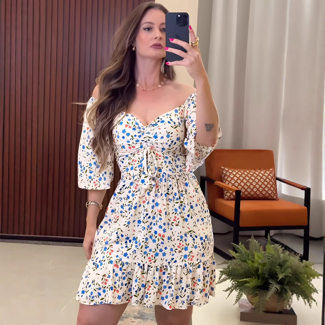 Small Floral V neck Pleated Summer Dress