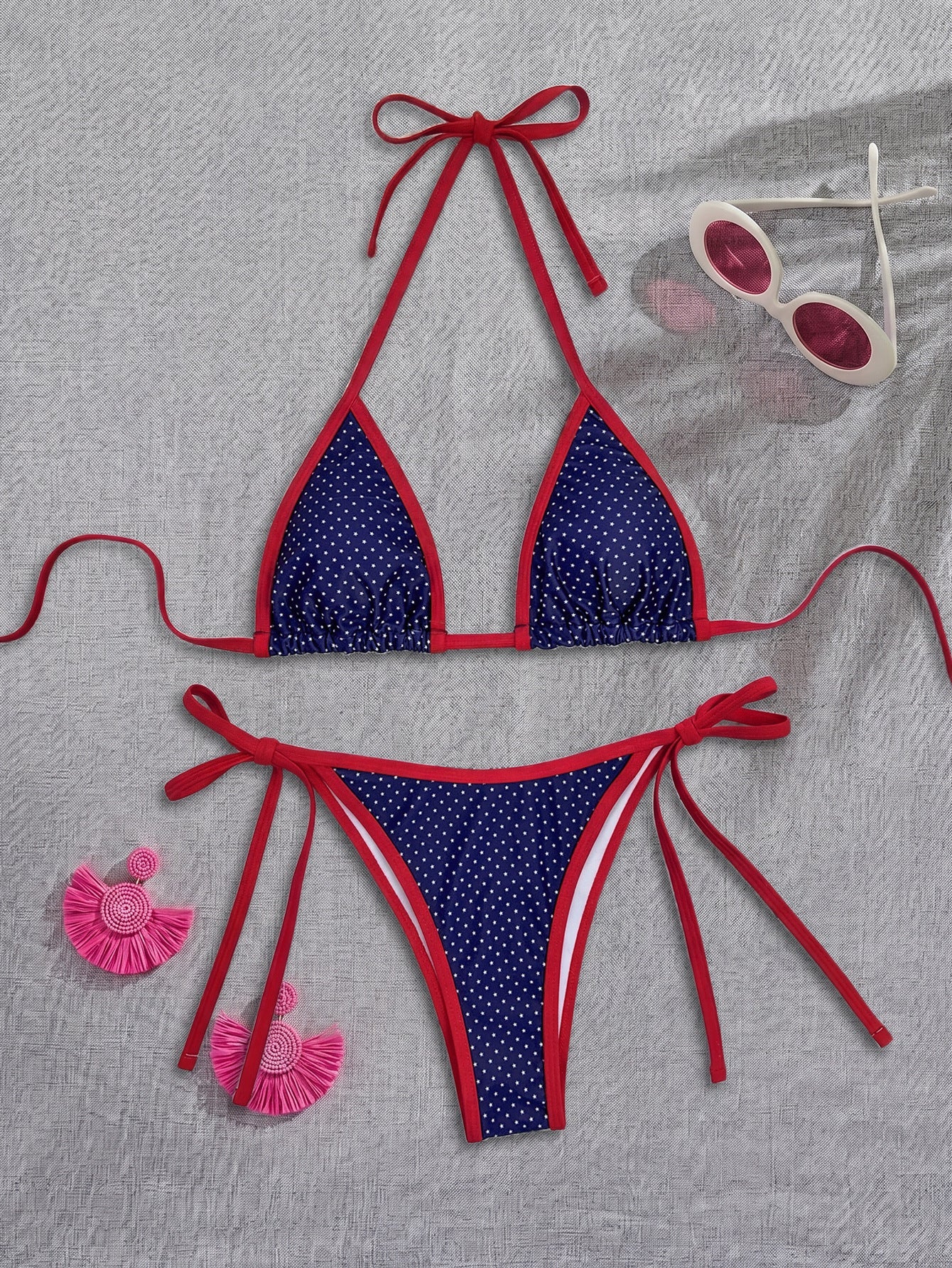 Contrast Color Printed Swimsuit Halter Strap Seaside Bikini Sexy Split Low Waist Bikini