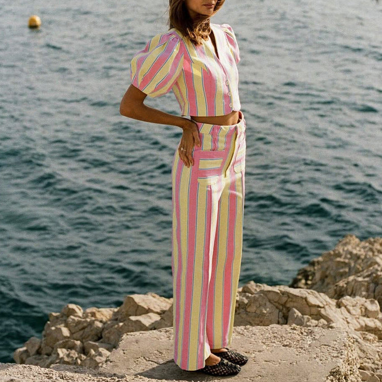 Women Clothing Striped Casual V neck Puff Sleeve Cardigan Top Trousers Two Piece Sets
