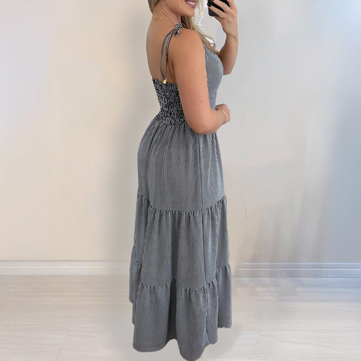 Women Clothing Spring Summer Elegant Striped Tied Dress
