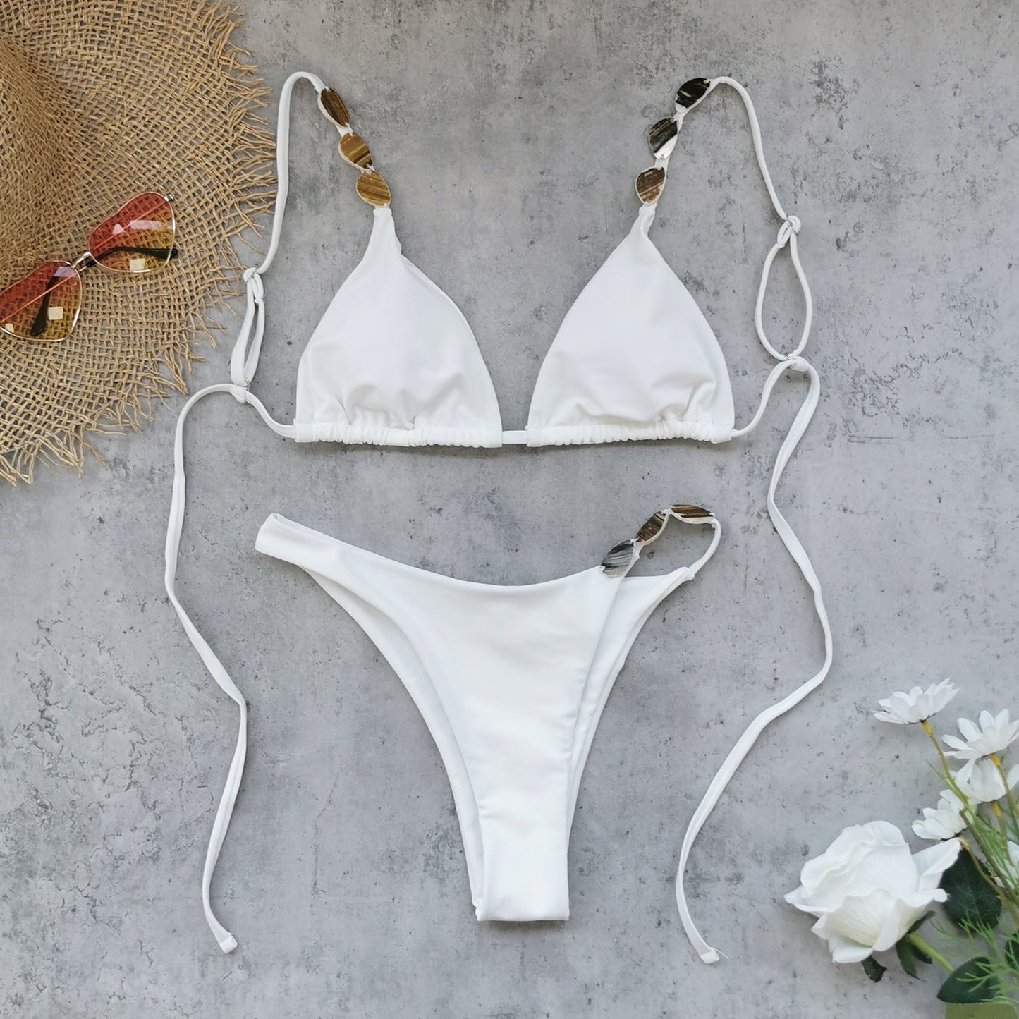 Pure White Three Point Bikini Strap Sexy Backless Split Swimsuit Women Bikini