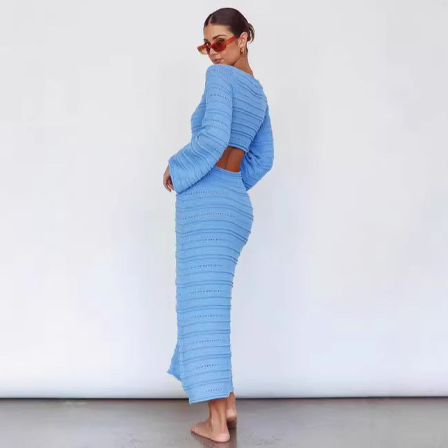 Sexy Women Clothing Sexy Cutout Bell Sleeve Solid Color Knitted Dress Maxi Dress Women