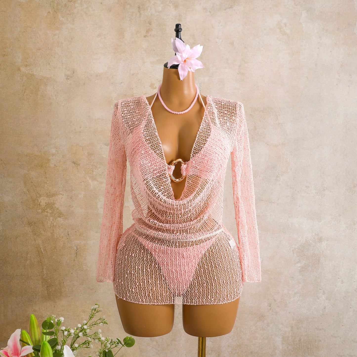 Swing Collar Special Sequ Long Sleeve Mesh Three Piece Swimsuit Bikini