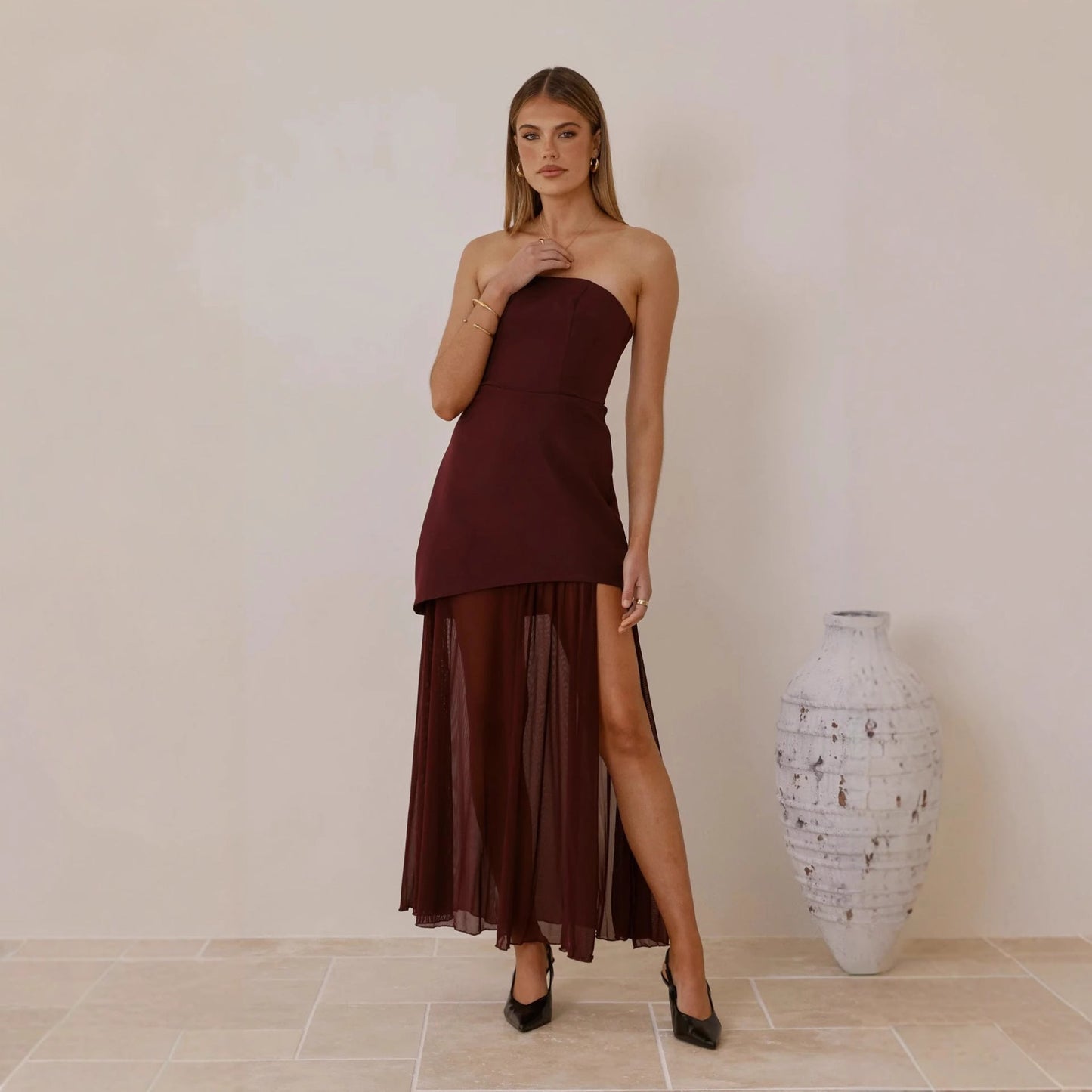 Tube Top Sleeveless Dress Ladies Stitching Mesh Maxi Dress