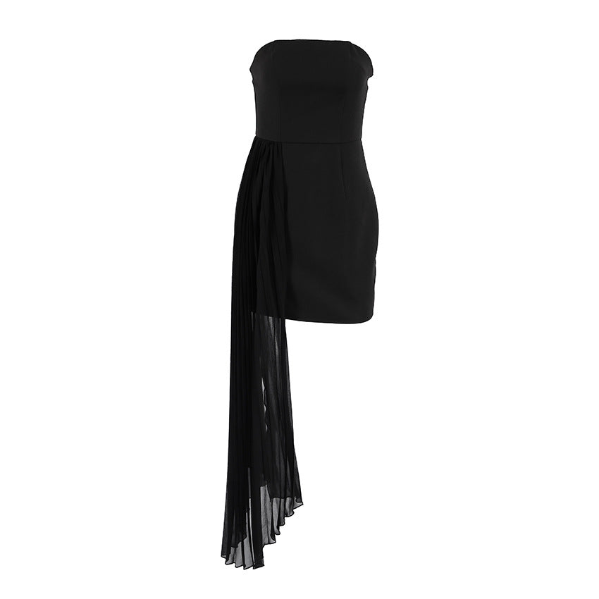 Spring Summer Women Simple Strapless Dress Ribbon Slim Black Elegant Dress