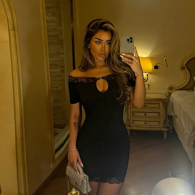Socialite Sexy off Shoulder Stitching Lace Slim Short Dress