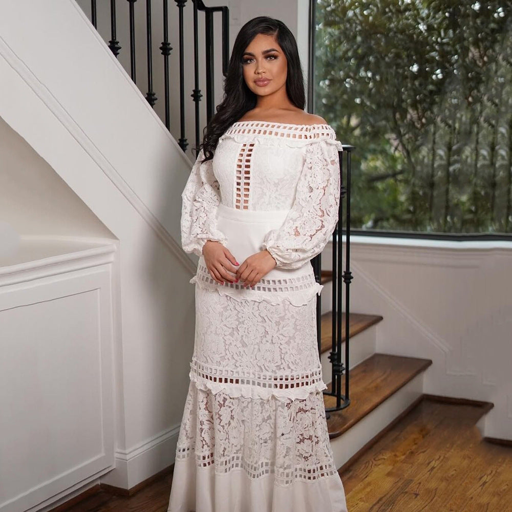 Spring Summer Women Clothing Lace Dress off Shoulder Lotus Leaf Wedding Party Cocktail Dress