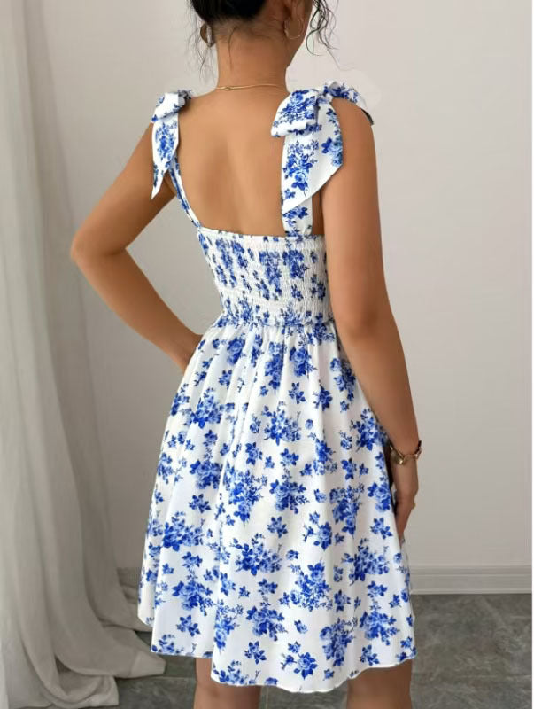 Women Clothing Floral Print High Waist Lace up Sweet A line Large Hem Dress