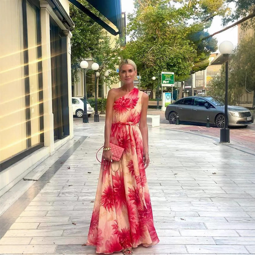 Summer Shoulder Waist-Controlled Lace up Wide Hem Printed Dress Women